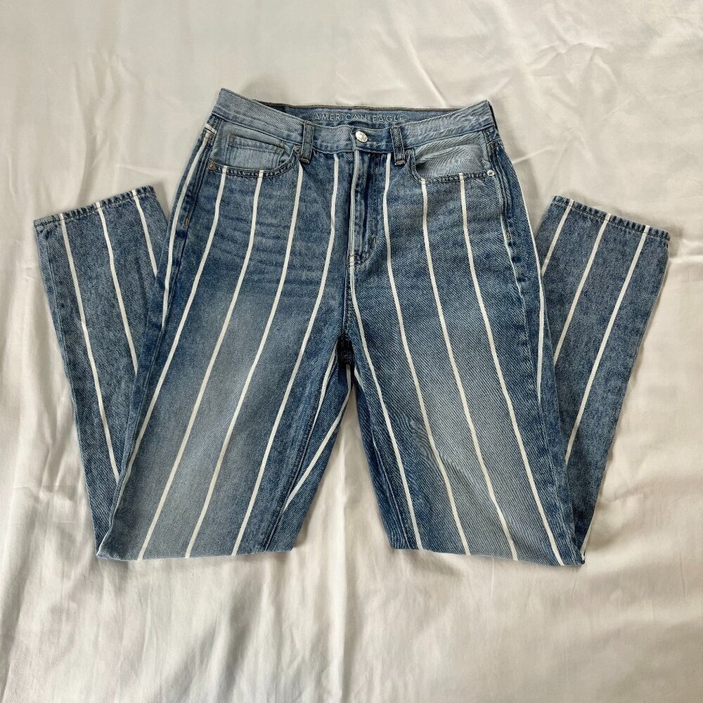 American Eagle Mom Jean Pinstripe High Waist Light Wash 100 Cotton Jeans | Sz 2L